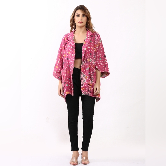 Plus Size Kantha Patchwork Boho Collared Open Jacket Kimono - Picture 8 of 8